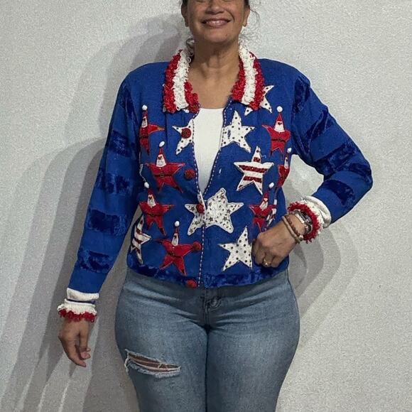 Jack B. Quick Blue USA Christmas Vintage Cardigan Sz M - Picture 1 of 12